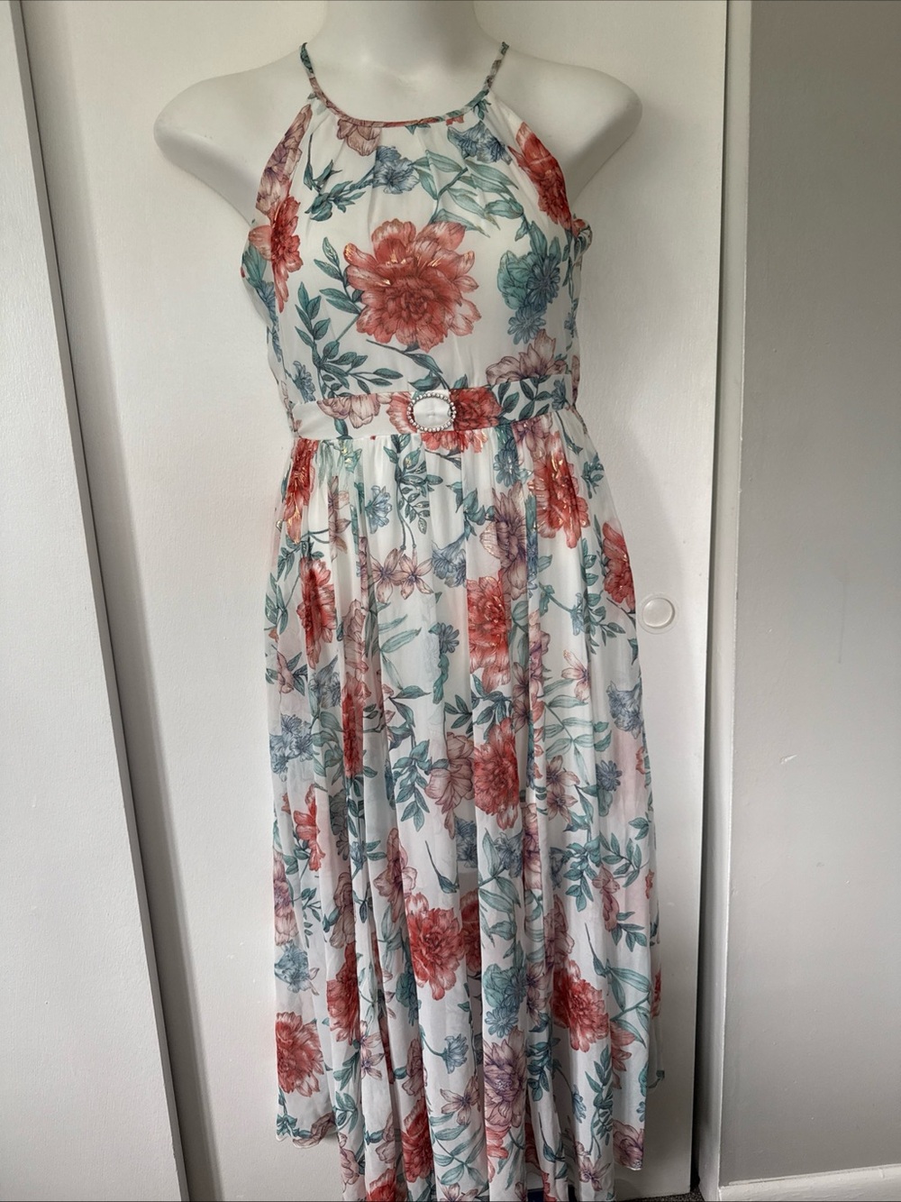 Floral High-Neck Maxi Dress in White with Coral and Teal Print